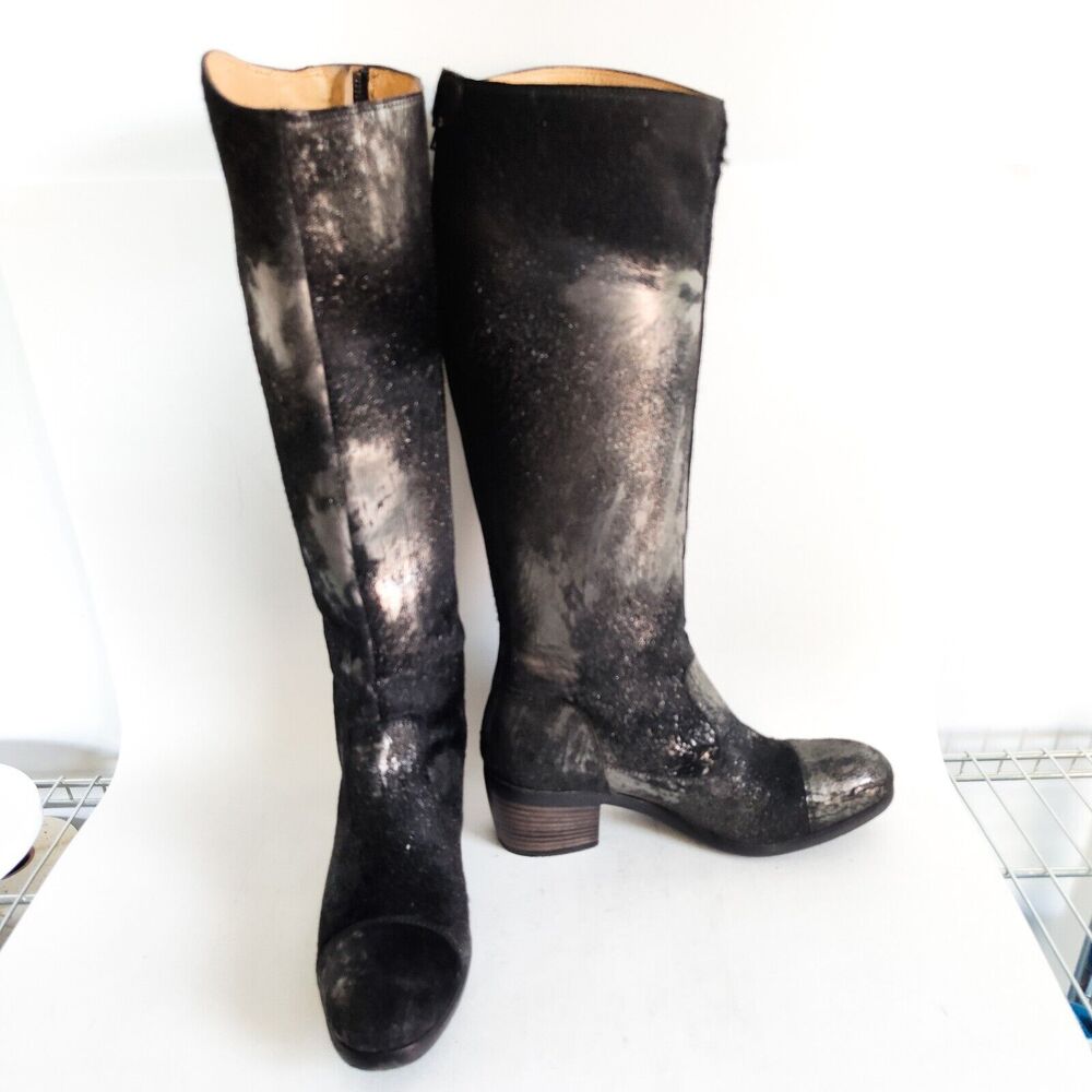 Frye Black‎ Pewter Metallic Leather Calf Hair Size 6 Knee High Tall Riding Boots - Picture 11 of 13